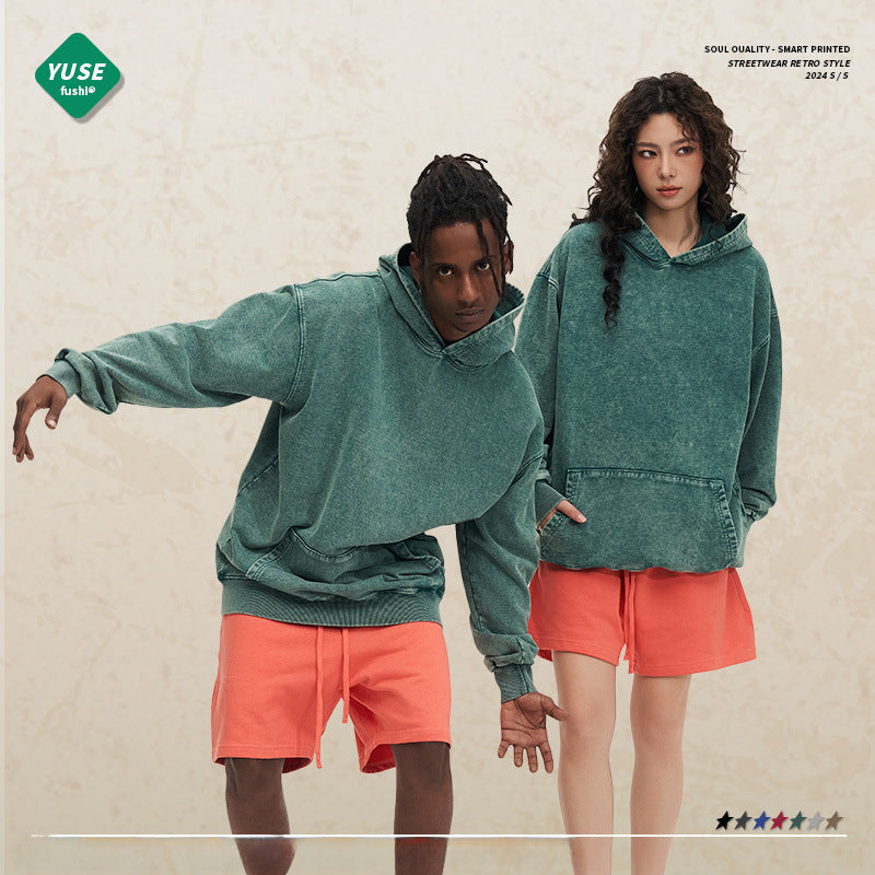 Cross-border heavy cotton vintage batik distressed washed hooded sweater men and women loose American fashion brand sweater customization