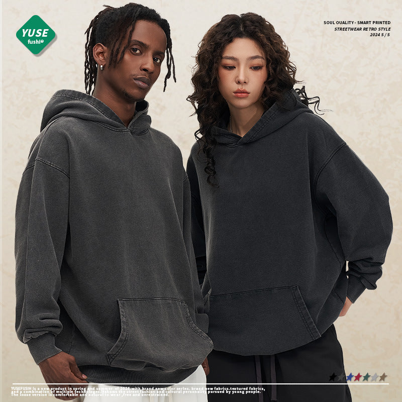 Cross-border heavy cotton vintage batik distressed washed hooded sweater men and women loose American fashion brand sweater customization