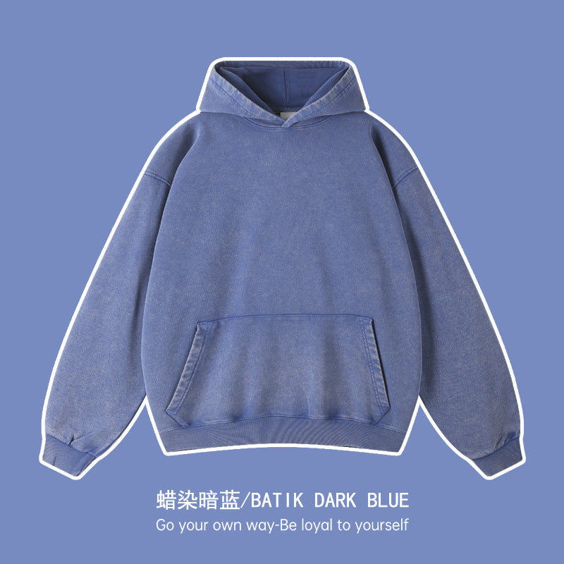 Cross-border heavy cotton vintage batik distressed washed hooded sweater men and women loose American fashion brand sweater customization