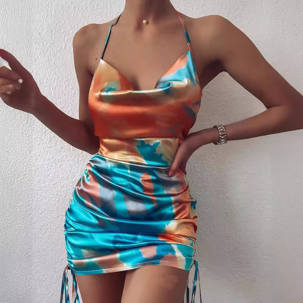 European and American style dress cross-border women's clothing sexy backless spaghetti straps short skirt crimp waist dress summer