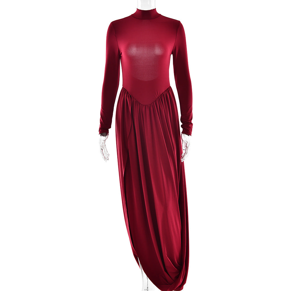 Europe and America cross border new slim solid color women's clothing dress long sleeve backless side slit pleated sexy dress