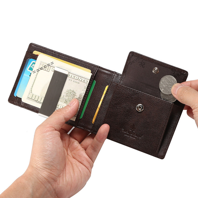 Cross-border delivery Manbang men's stainless steel banknote clip brushed top layer cowhide anti-theft swiping multi-card-slot wallet