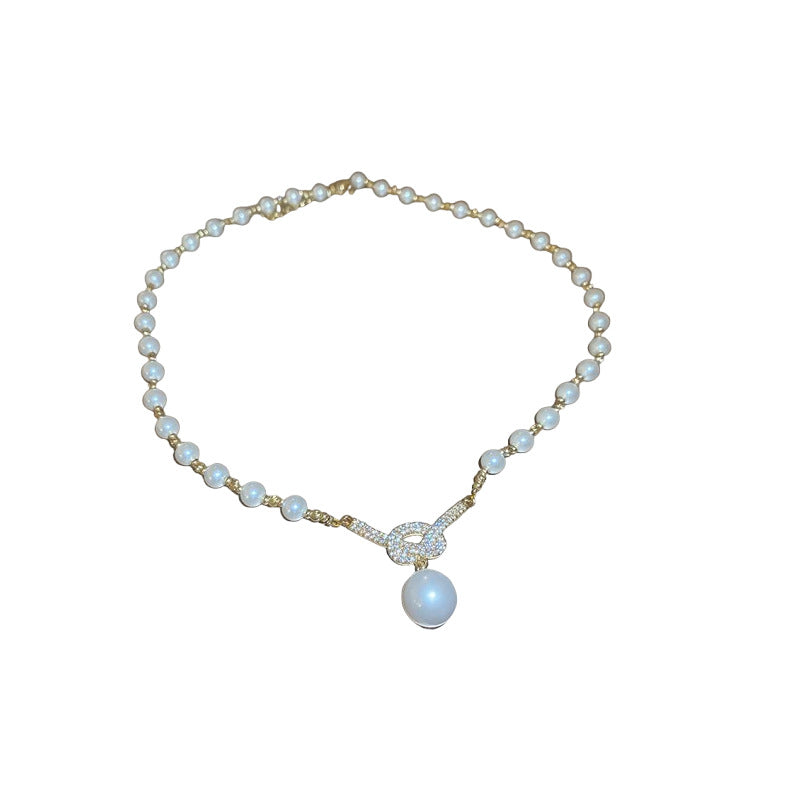 Gold Plated Pearl Zircon Knot Pendant Necklace