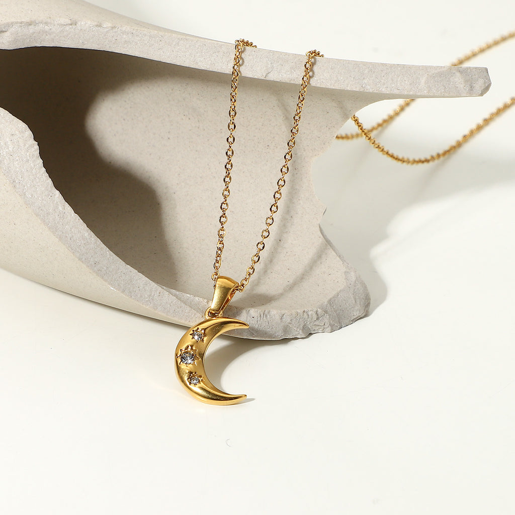 French 18K Gold Moon Pendant Necklace