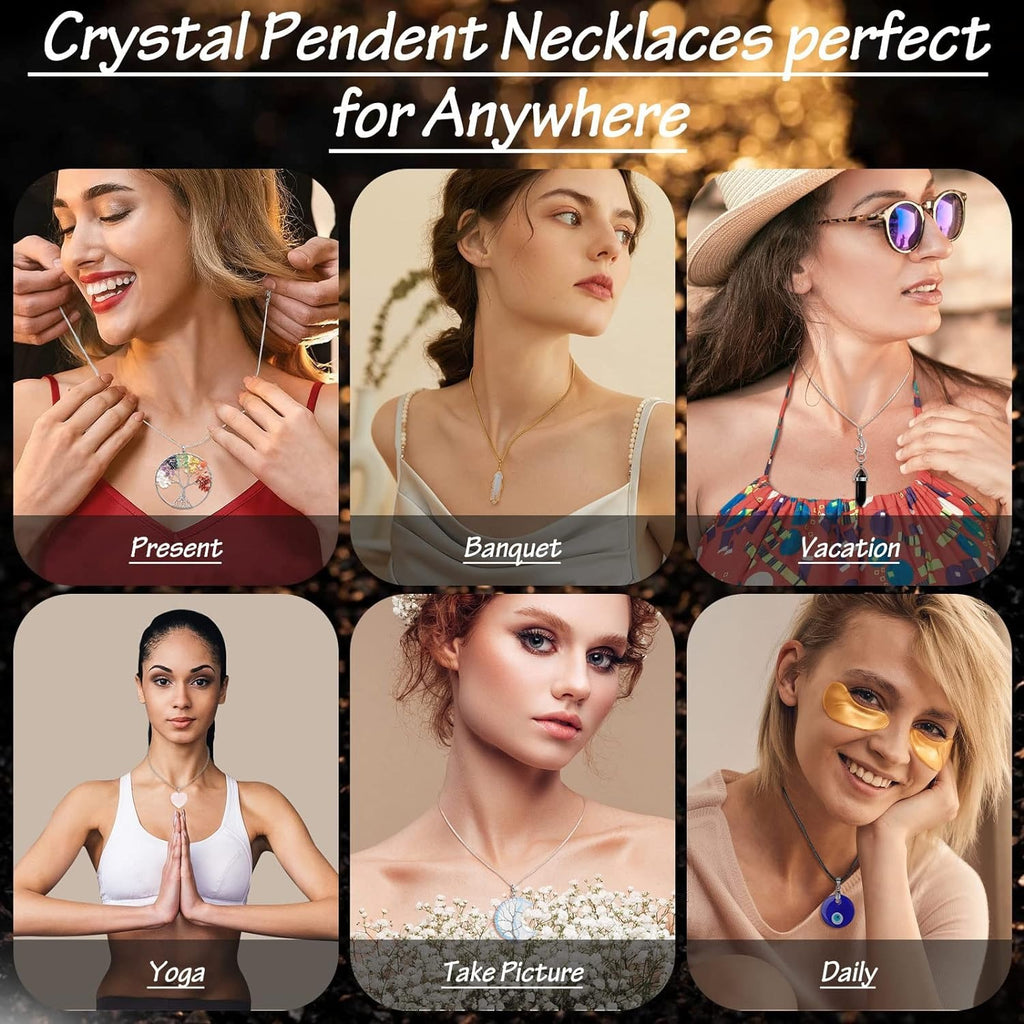 16pc crystal pendant necklace amethyst hexagon prism evil eyes braided winding tree of life pendant necklace