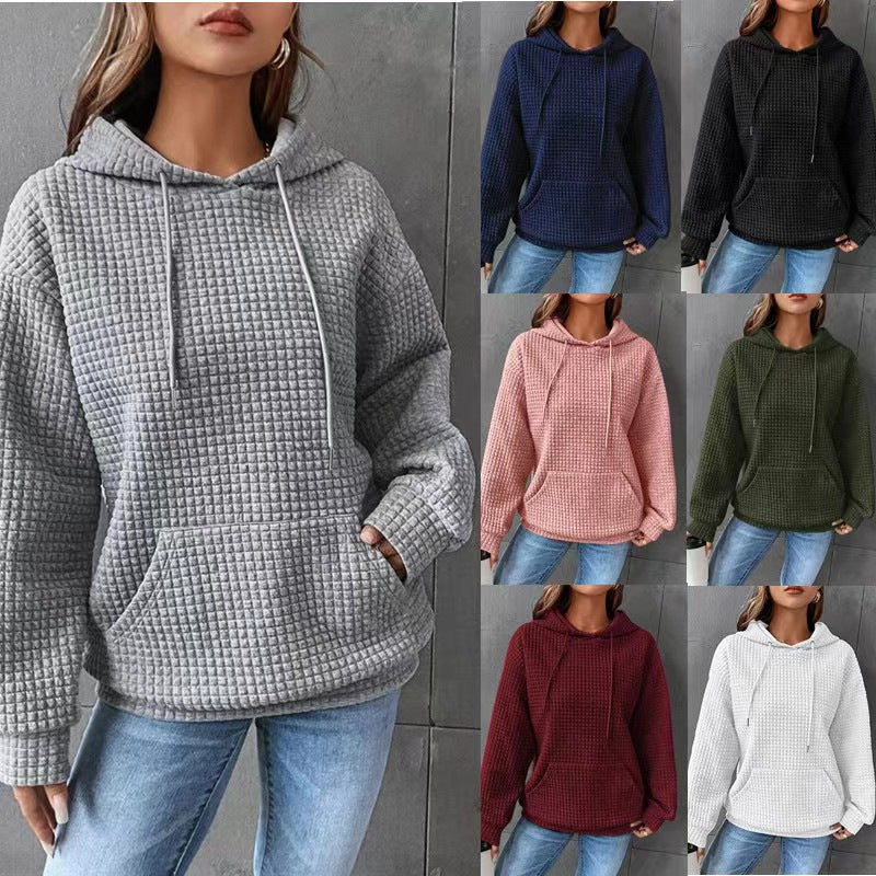 2023 autumn and winter Amazon European and American women's clothing cross-border new arrival waffle round neck long sleeve sweater solid color top for women