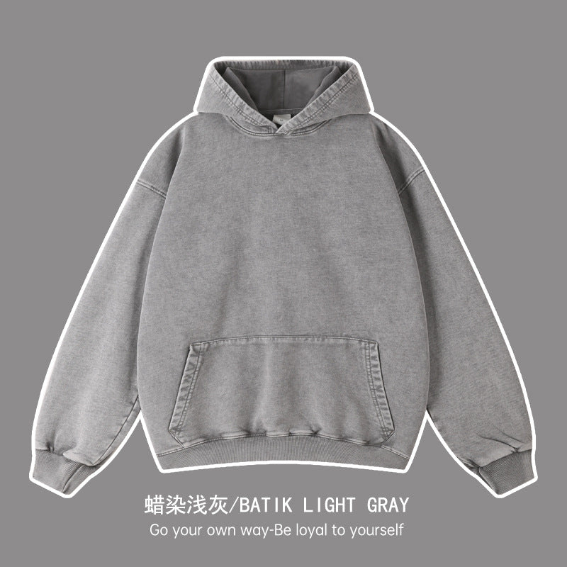 Cross-border heavy cotton vintage batik distressed washed hooded sweater men and women loose American fashion brand sweater customization