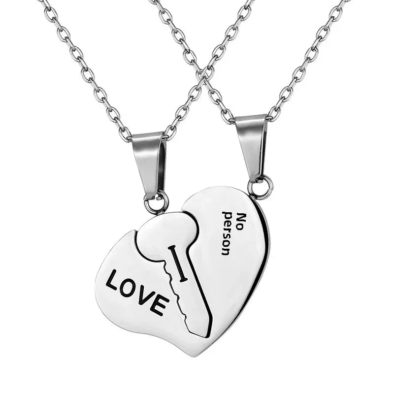 Japanese and Korean style couple necklace titanium steel heart key stitching pendant for girlfriends simple pendant cross-border supply