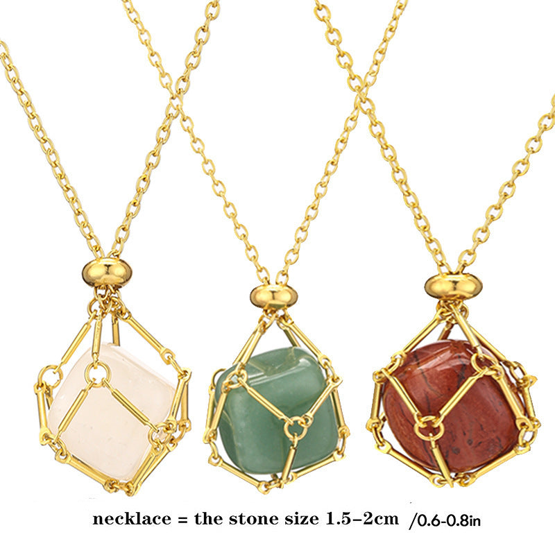 Gold natural crystal stone mesh bag metal bamboo necklace braiding pendant adjustable chain pendant mesh bag