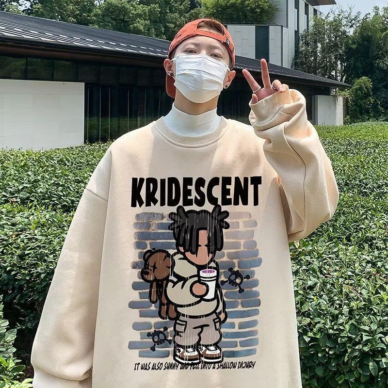 Cartoon print sweatshirt men's 2024 spring and autumn Korean new round neck loose top chic Hong Kong style trendy