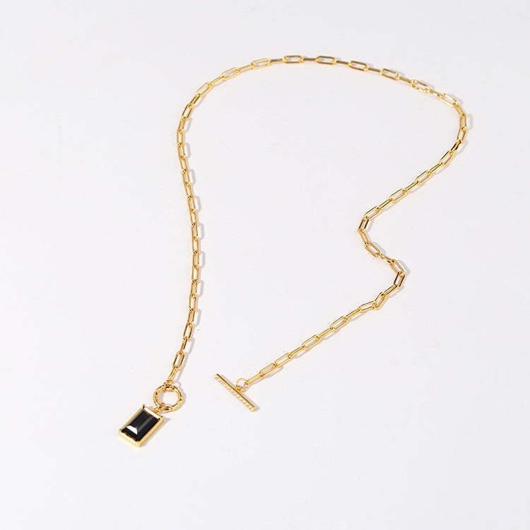 Black Square gem pendant necklace Women's European and American simple fashion Plaid chain fashion OT buckle pendant clavicle chain