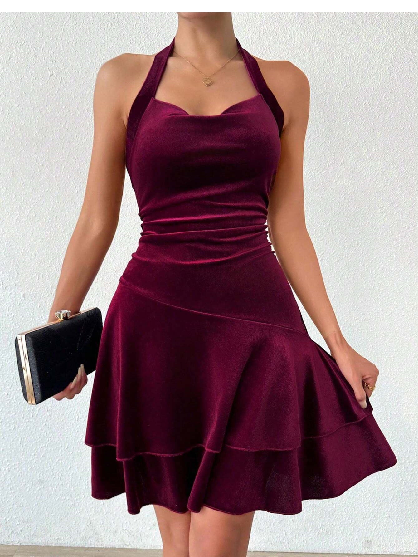 New Autumn Winter Sexy Velvet Halter Dress