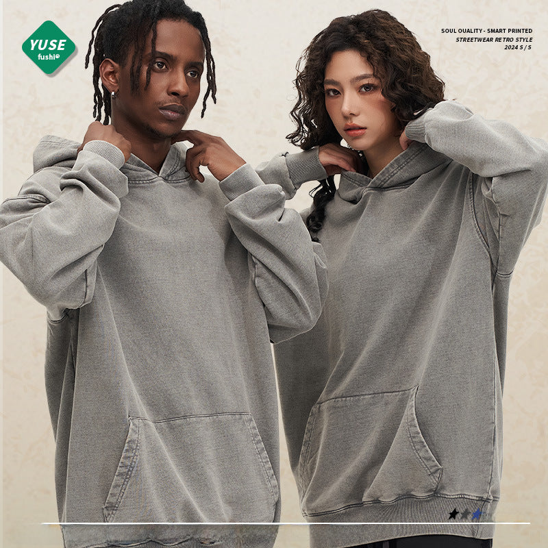 Cross-border heavy cotton vintage batik distressed washed hooded sweater men and women loose American fashion brand sweater customization