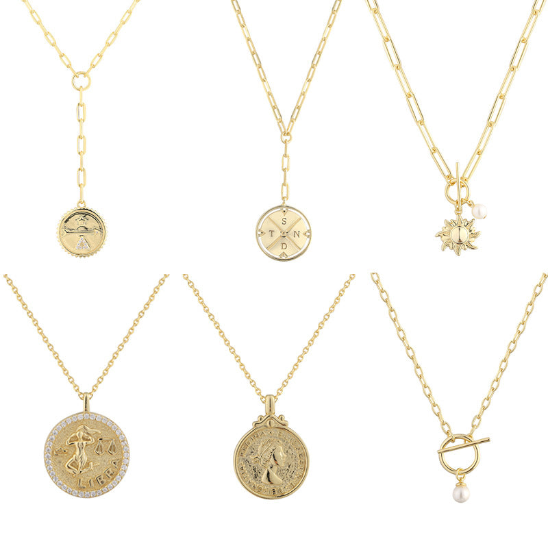 Personalized coin portrait Palm pendant retro trendy oval brand double-sided pattern clavicle chain portrait pendant necklace