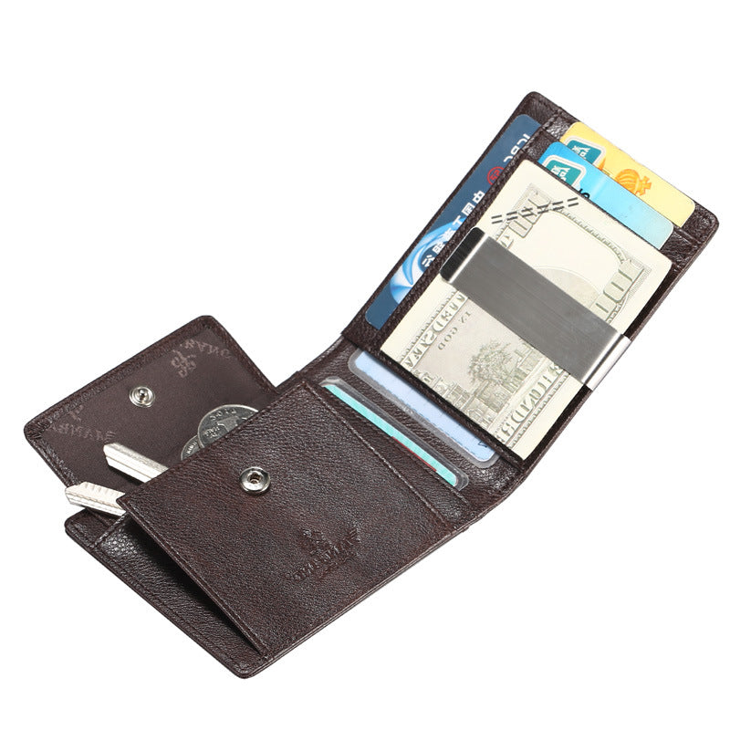 Cross-border delivery Manbang men's stainless steel banknote clip brushed top layer cowhide anti-theft swiping multi-card-slot wallet