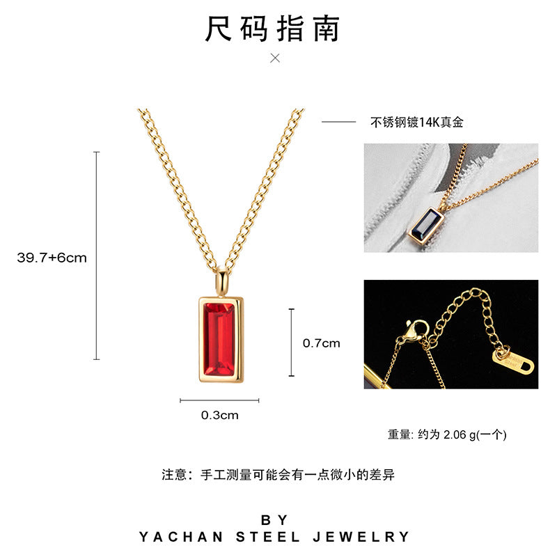 Emerald zircon necklace rectangular pendant titanium steel clavicle chain 18k simple pendant necklace female live wholesale