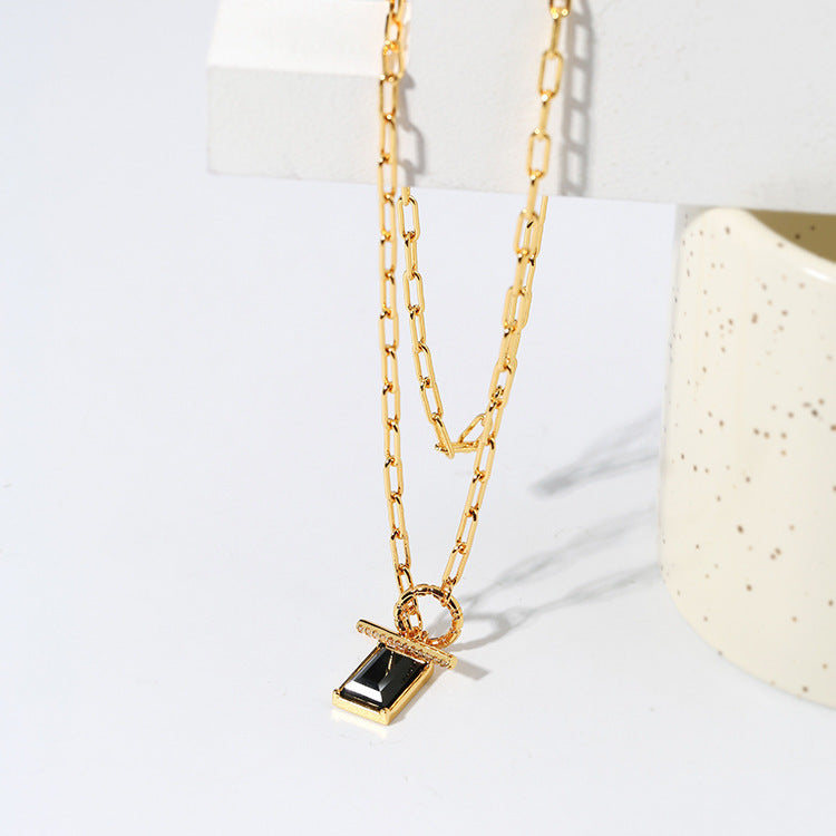 Black Square gem pendant necklace Women's European and American simple fashion Plaid chain fashion OT buckle pendant clavicle chain