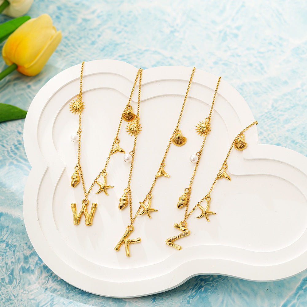 18K gold O-shaped chain 26 letter pendant necklace beach style conch shell pendant necklace cross-border fashion short necklace