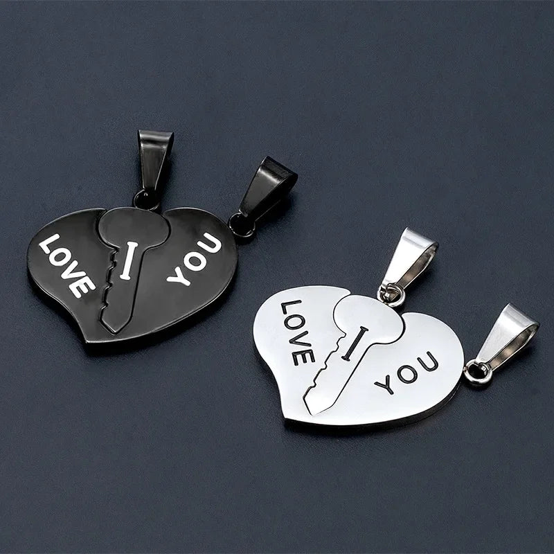 Japanese and Korean style couple necklace titanium steel heart key stitching pendant for girlfriends simple pendant cross-border supply