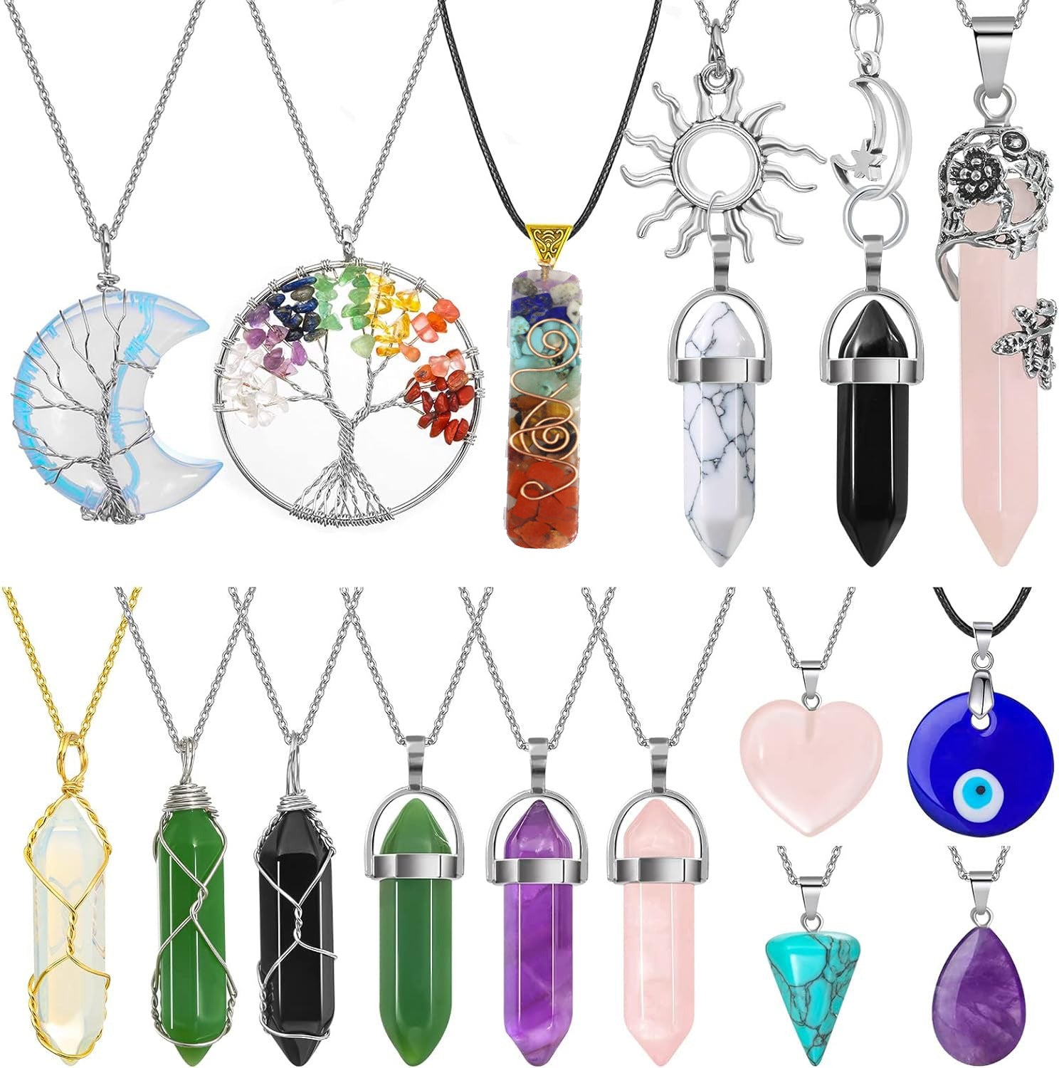 16pc crystal pendant necklace amethyst hexagon prism evil eyes braided winding tree of life pendant necklace