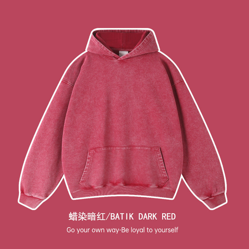 Cross-border heavy cotton vintage batik distressed washed hooded sweater men and women loose American fashion brand sweater customization