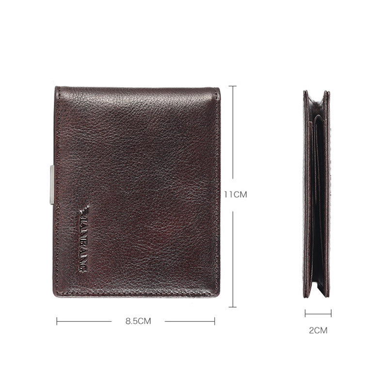 Cross-border delivery Manbang men's stainless steel banknote clip brushed top layer cowhide anti-theft swiping multi-card-slot wallet