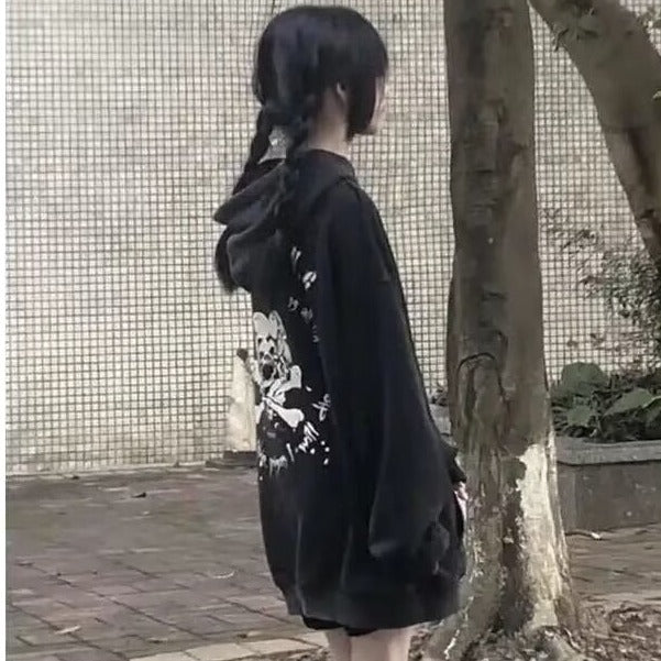 American retro hooded brushed hoody female winter skull print special-interest fashion brand couple's tops black plus Velvet