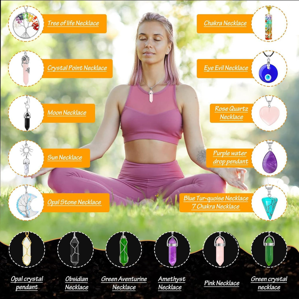 16pc crystal pendant necklace amethyst hexagon prism evil eyes braided winding tree of life pendant necklace