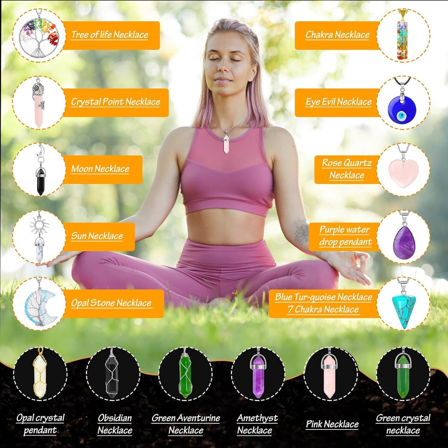 16pc crystal pendant necklace amethyst hexagon prism evil eyes braided winding tree of life pendant necklace