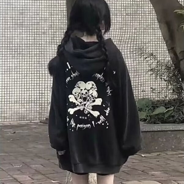 American retro hooded brushed hoody female winter skull print special-interest fashion brand couple's tops black plus Velvet
