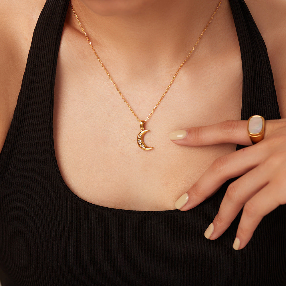 French 18K Gold Moon Pendant Necklace