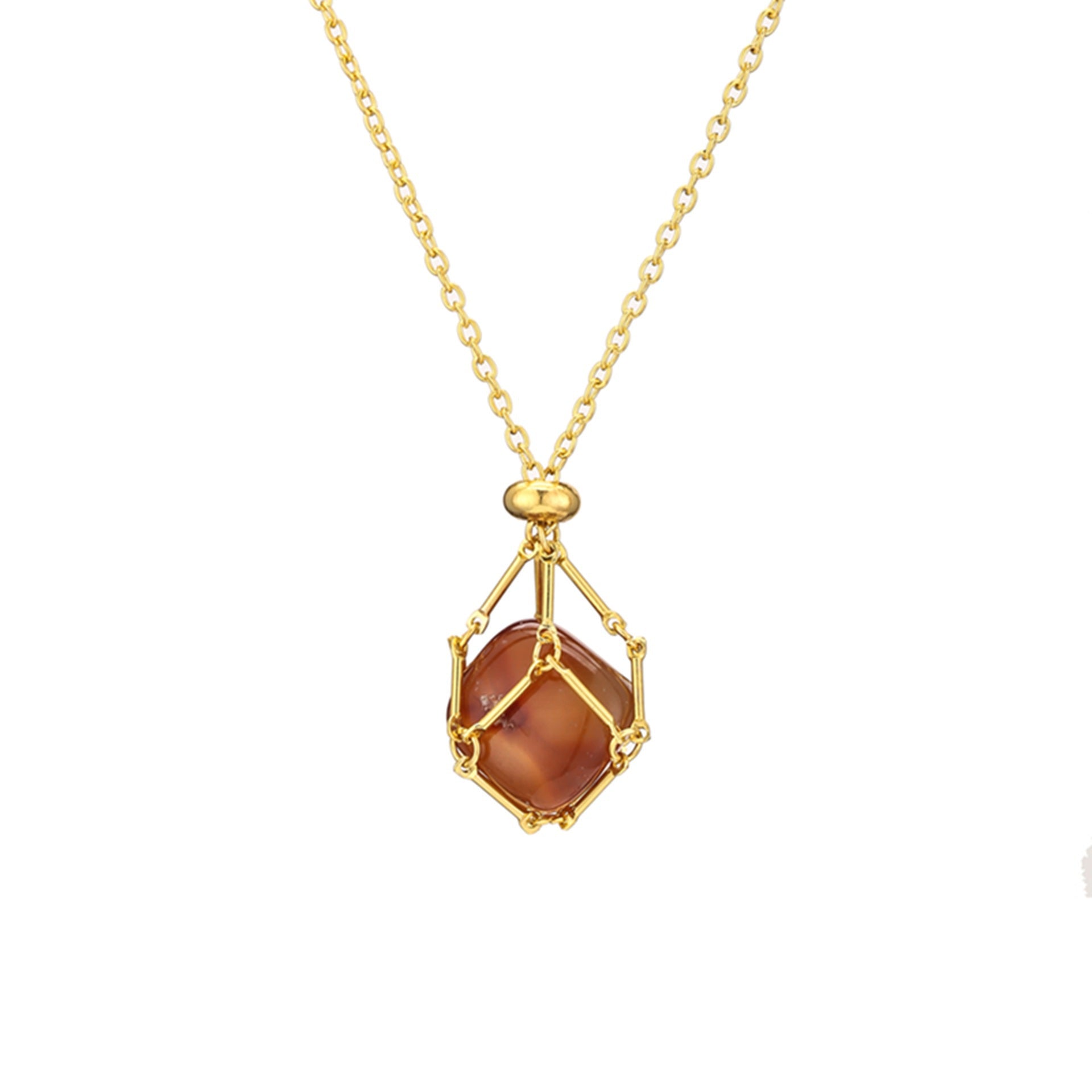 Gold natural crystal stone mesh bag metal bamboo necklace braiding pendant adjustable chain pendant mesh bag