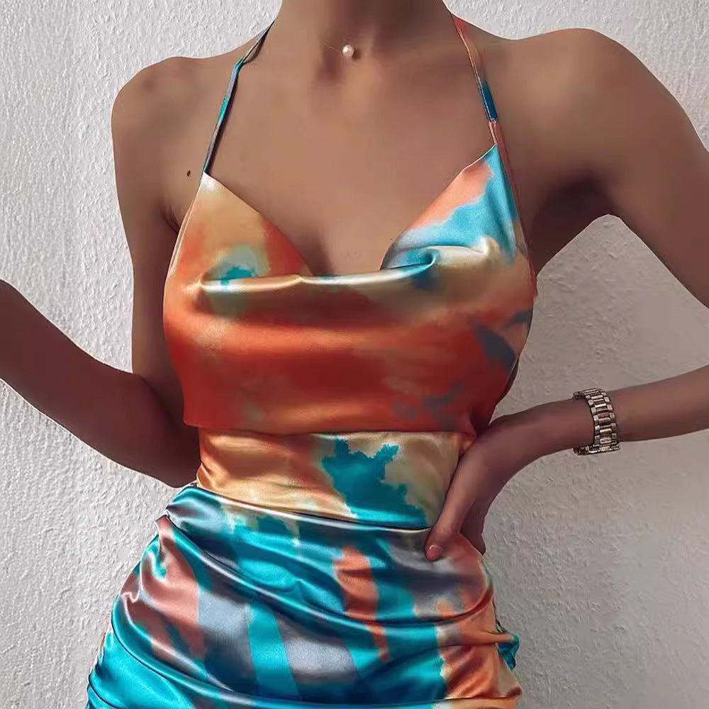 European and American style dress cross-border women's clothing sexy backless spaghetti straps short skirt crimp waist dress summer