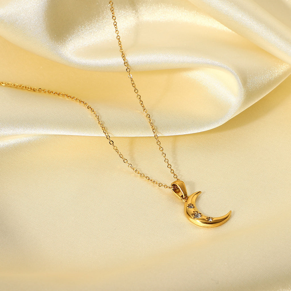 French 18K Gold Moon Pendant Necklace