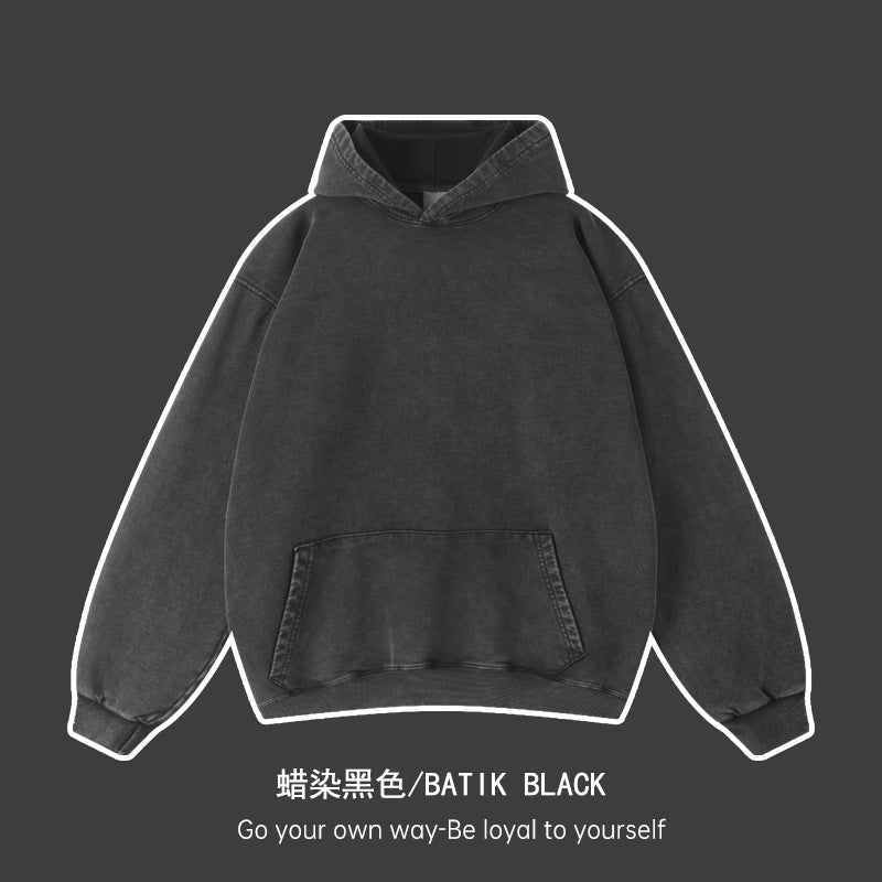 Cross-border heavy cotton vintage batik distressed washed hooded sweater men and women loose American fashion brand sweater customization