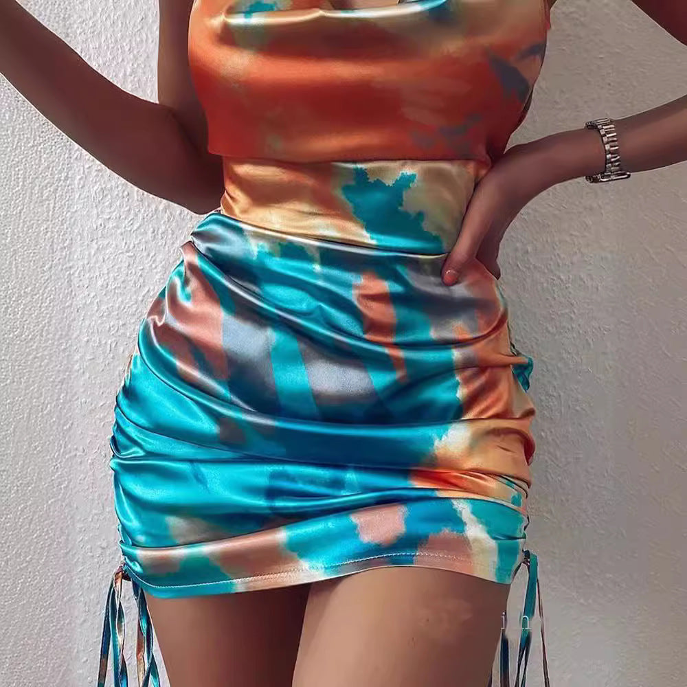 European and American style dress cross-border women's clothing sexy backless spaghetti straps short skirt crimp waist dress summer