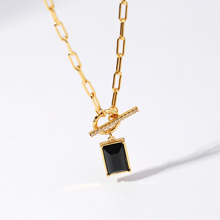 Black Square gem pendant necklace Women's European and American simple fashion Plaid chain fashion OT buckle pendant clavicle chain