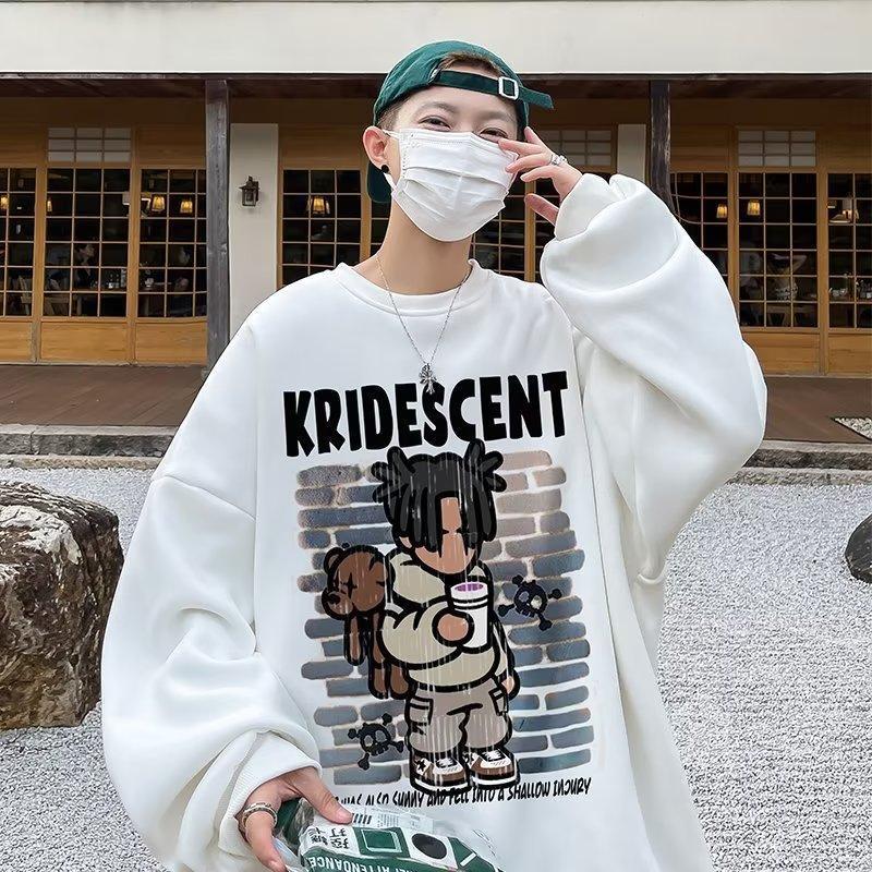 Cartoon print sweatshirt men's 2024 spring and autumn Korean new round neck loose top chic Hong Kong style trendy
