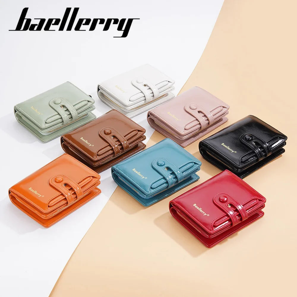 baellerry new women's short wallet glossy oil wax leather multiple card slots zipper coin purse all-matching wallet