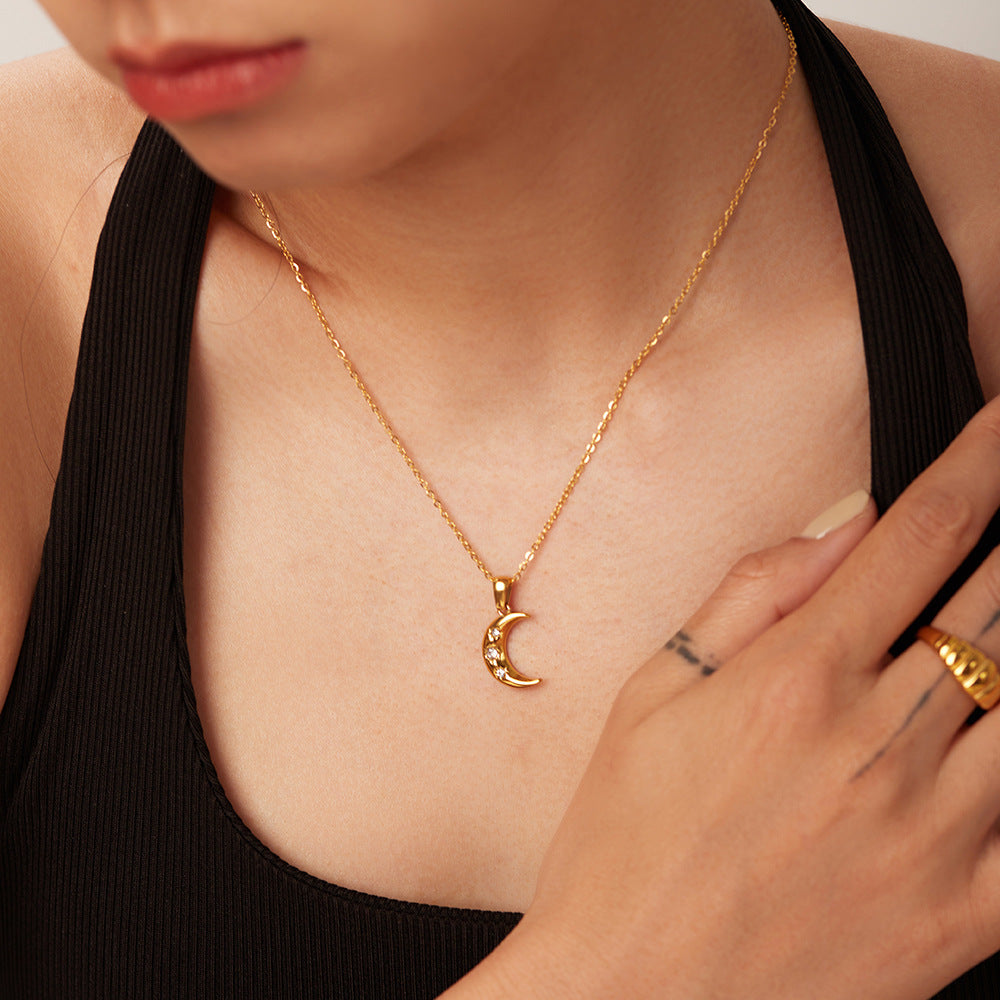 French 18K Gold Moon Pendant Necklace