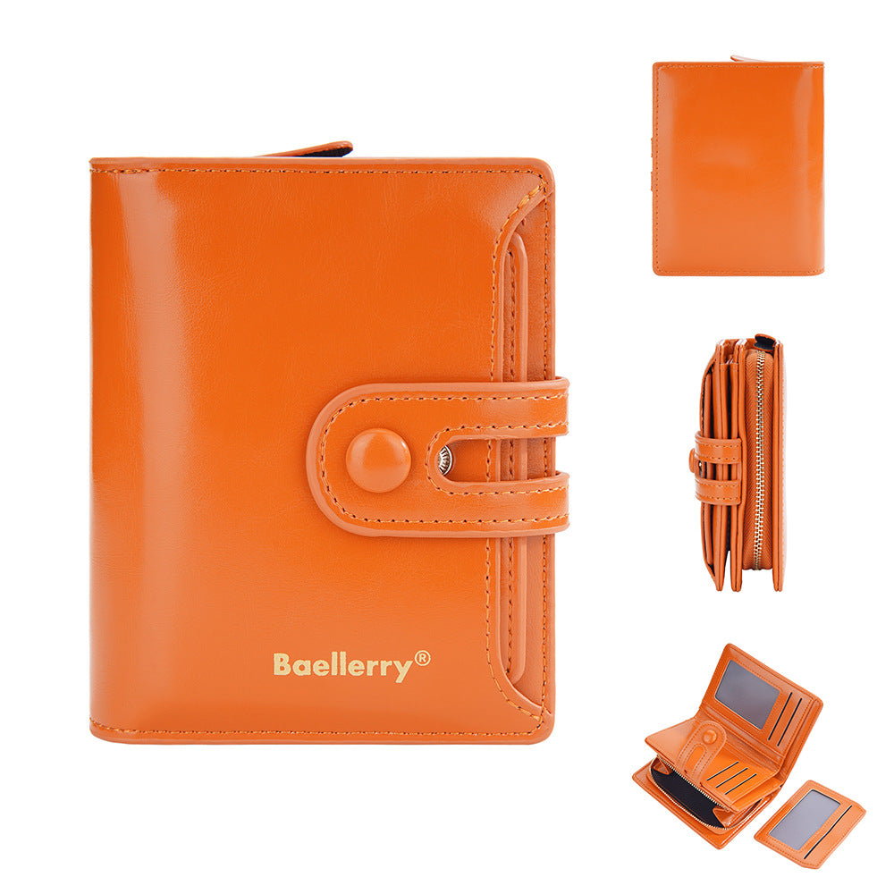 baellerry new women's short wallet glossy oil wax leather multiple card slots zipper coin purse all-matching wallet