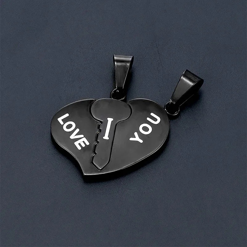 Japanese and Korean style couple necklace titanium steel heart key stitching pendant for girlfriends simple pendant cross-border supply