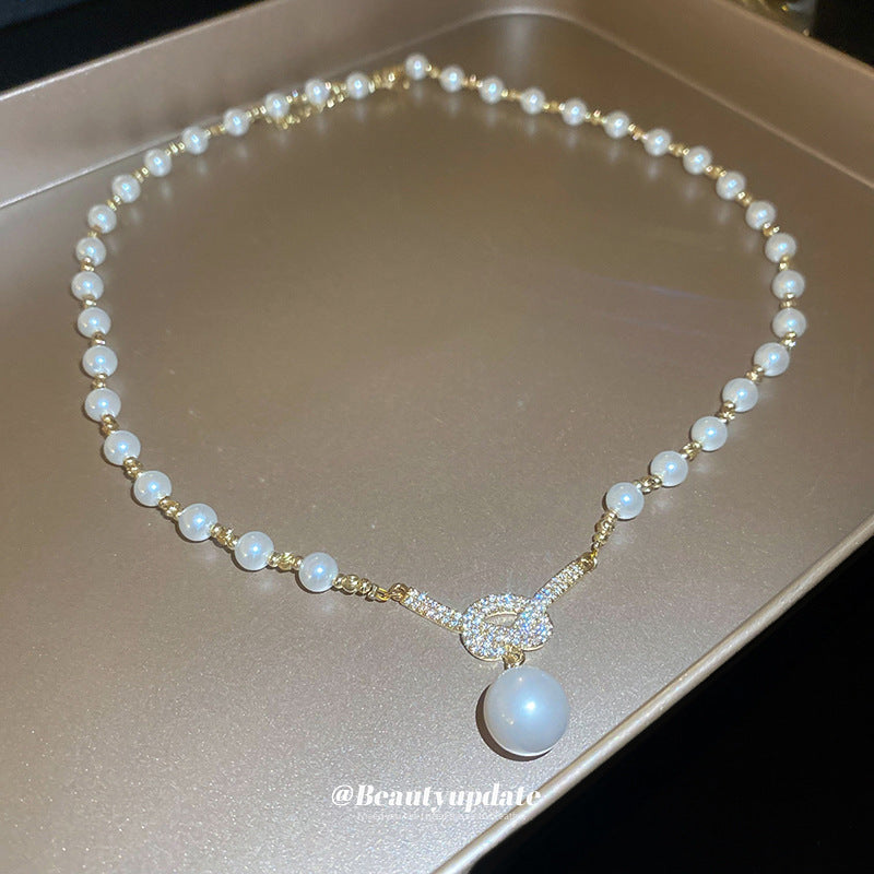 Gold Plated Pearl Zircon Knot Pendant Necklace