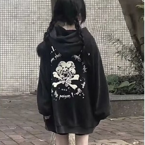 American retro hooded brushed hoody female winter skull print special-interest fashion brand couple's tops black plus Velvet
