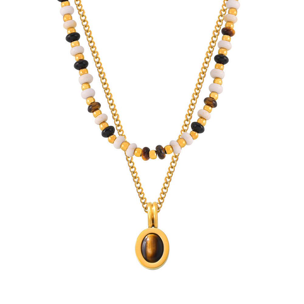 Tiger Eye Oval Pendant Double Layer Titanium Steel Necklace for Women