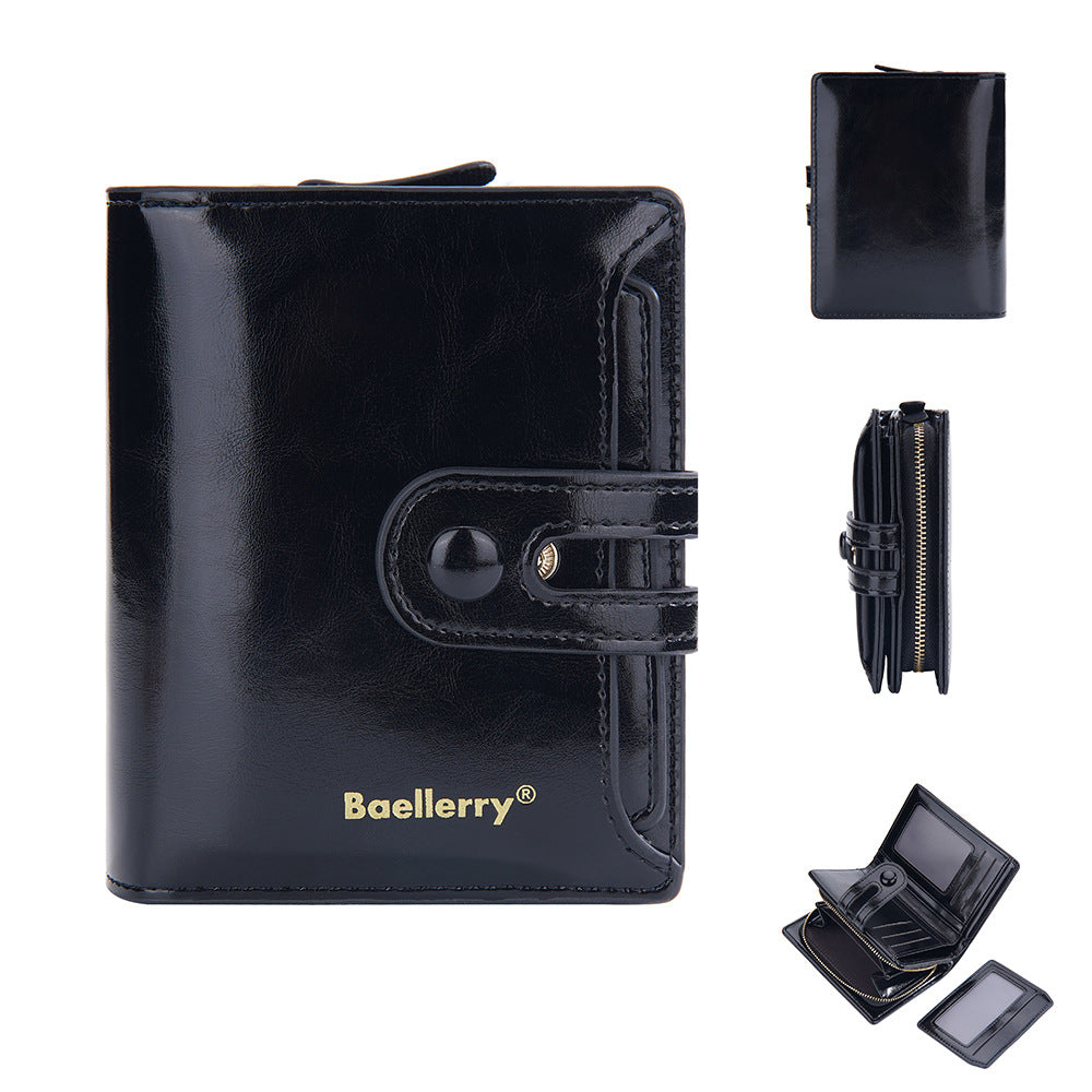 baellerry new women's short wallet glossy oil wax leather multiple card slots zipper coin purse all-matching wallet