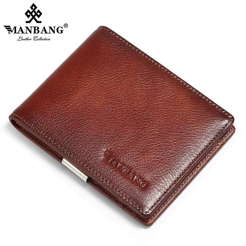 Cross-border delivery Manbang men's stainless steel banknote clip brushed top layer cowhide anti-theft swiping multi-card-slot wallet