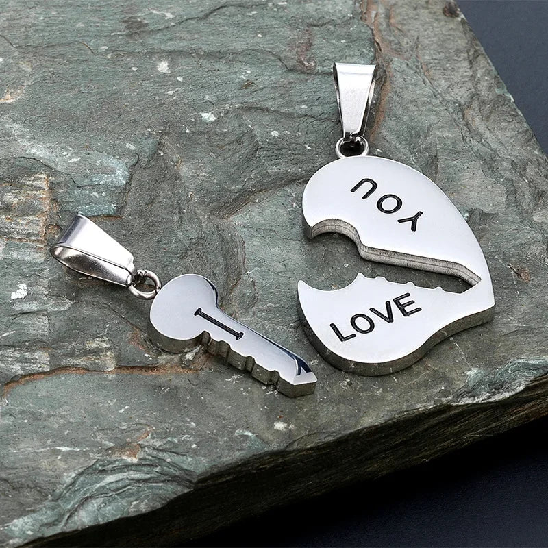 Japanese and Korean style couple necklace titanium steel heart key stitching pendant for girlfriends simple pendant cross-border supply