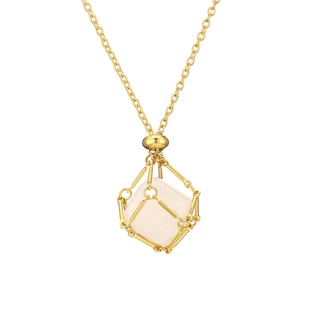 Gold natural crystal stone mesh bag metal bamboo necklace braiding pendant adjustable chain pendant mesh bag
