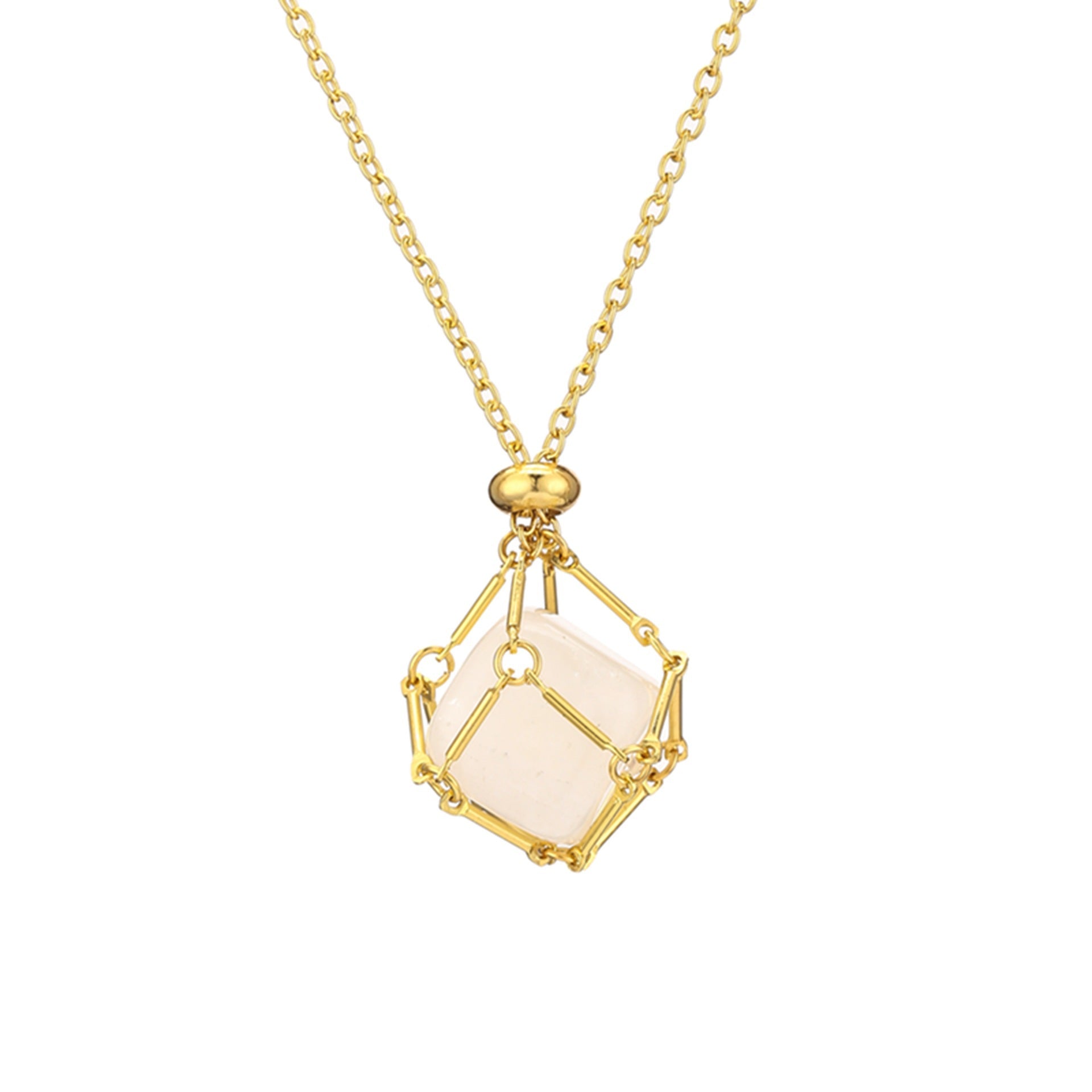 Gold natural crystal stone mesh bag metal bamboo necklace braiding pendant adjustable chain pendant mesh bag